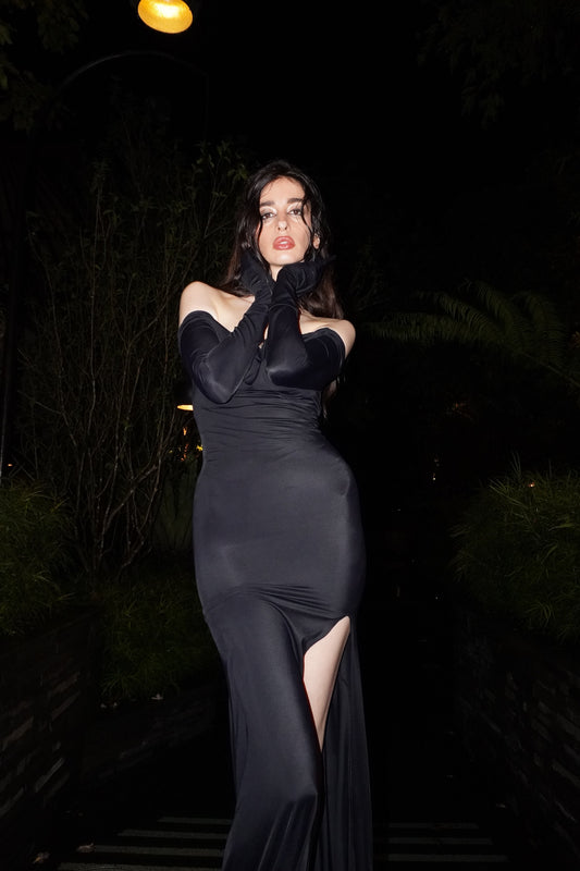 Black Hydra gown in ECONYL® technical jersey, worn on model.