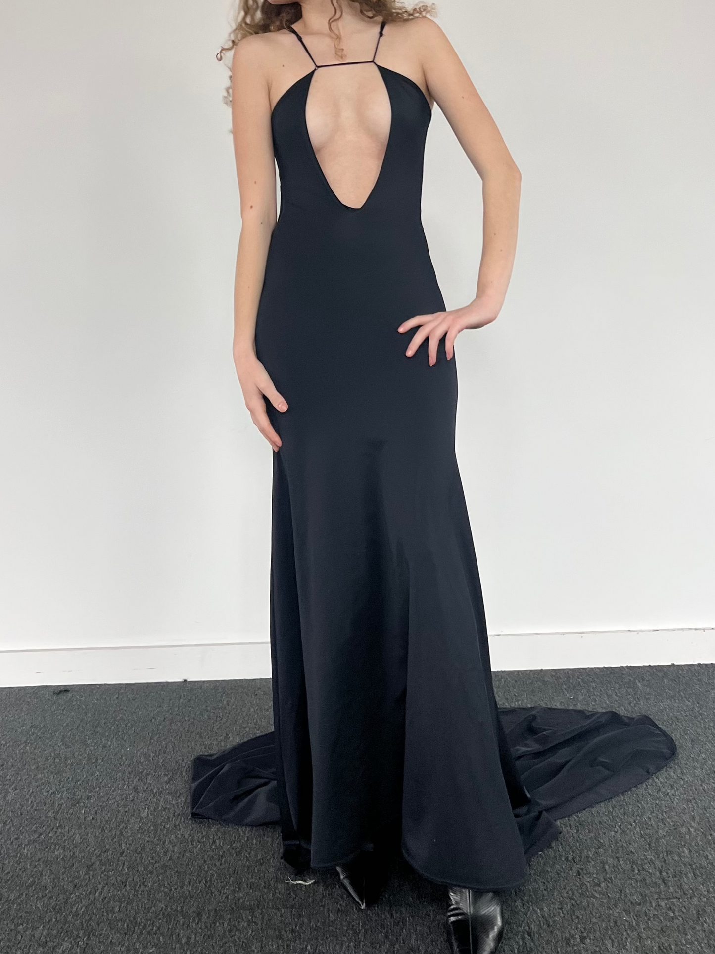 Black Widow gown in ECONYL® technical jersey, worn on model.