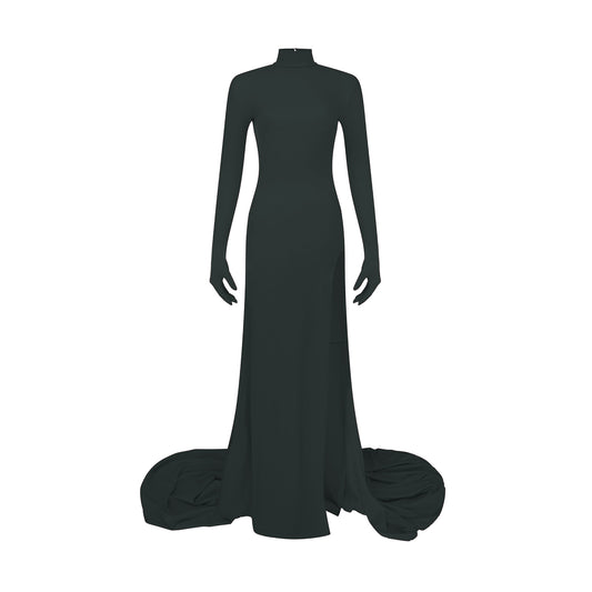 Black Apex Open-Back Gown in ECONYL® technical jersey with ultra long train