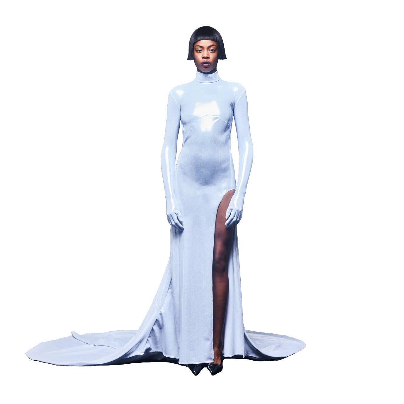 'Brigid' metallic technical jersey open-back gown image 1