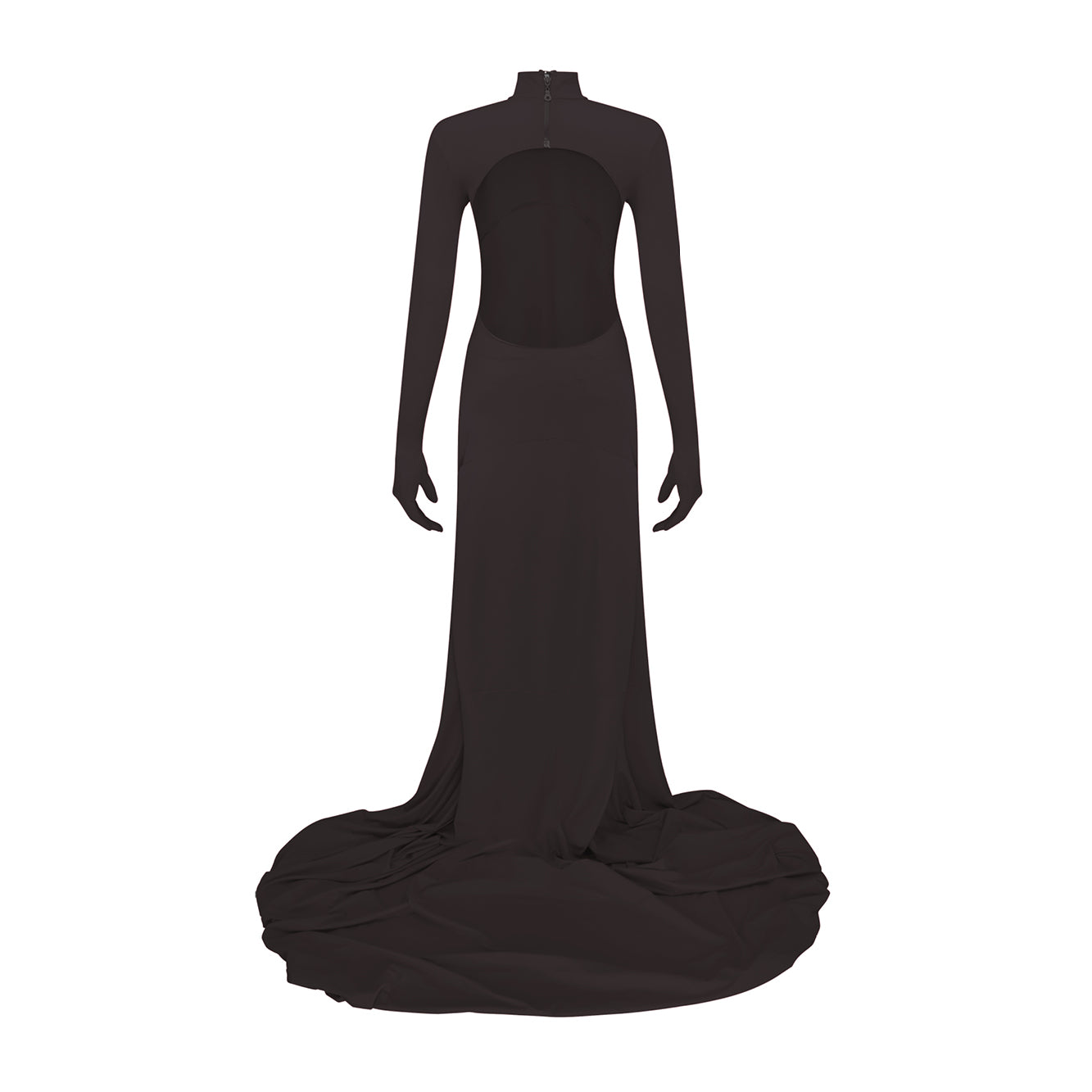 Black Apex Open-Back Gown in ECONYL® technical jersey with ultra long train backside