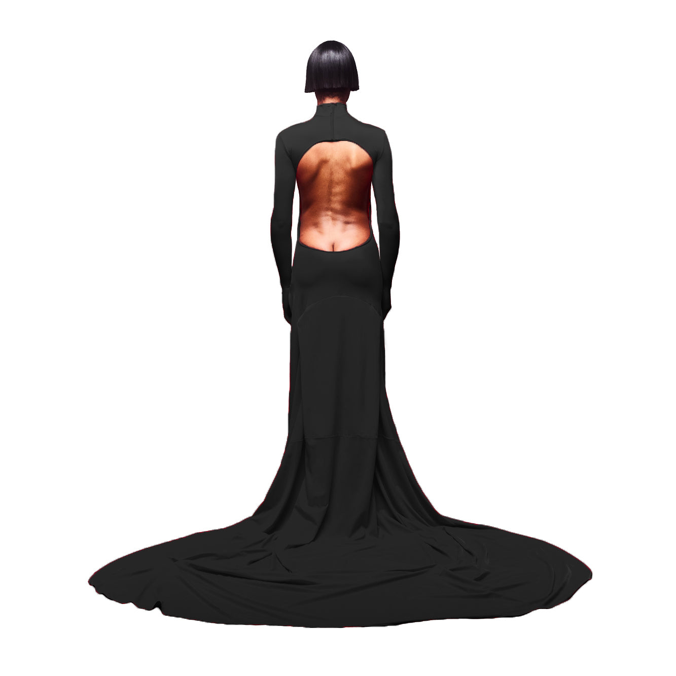 Black evening gown with a long train on a white background