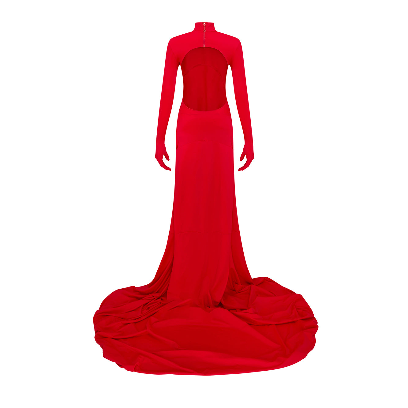 Red open-back evening gown with thigh-high slit and long train by CRITTER backside