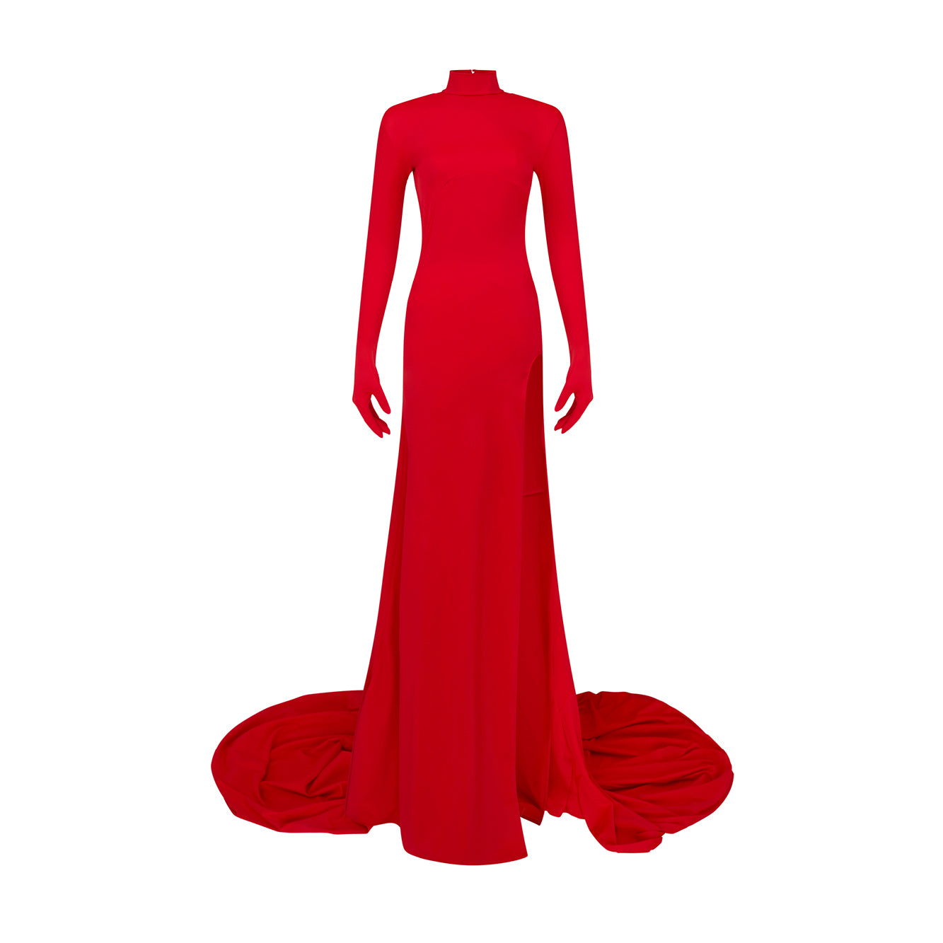 Red open-back evening gown with thigh-high slit and long train by CRITTER