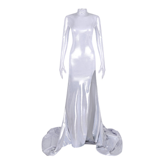 'Brigid' metallic technical jersey open-back gown image 0